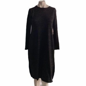 Women's Knee Length Shift Dress Black Grey Long Sleeve Crew Neck Small